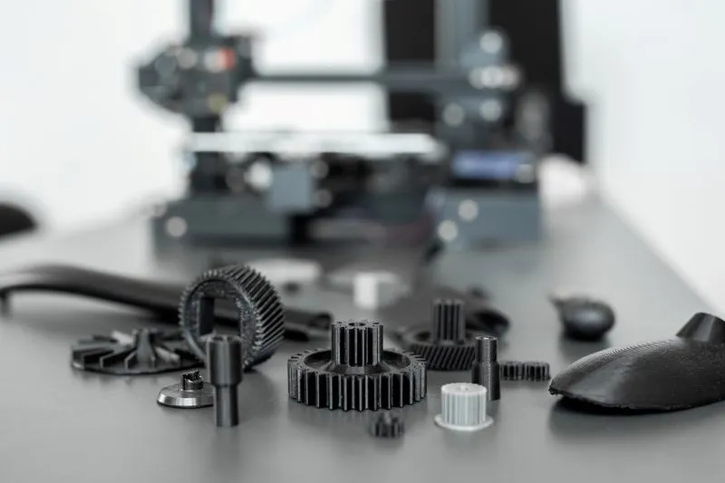 Various 3D-printed gears and mechanical parts arranged on a table