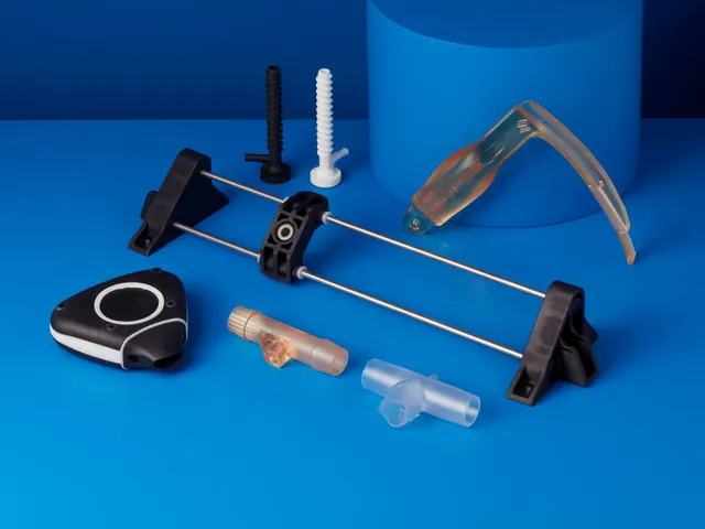 3D printed medical device prototypes on a blue background