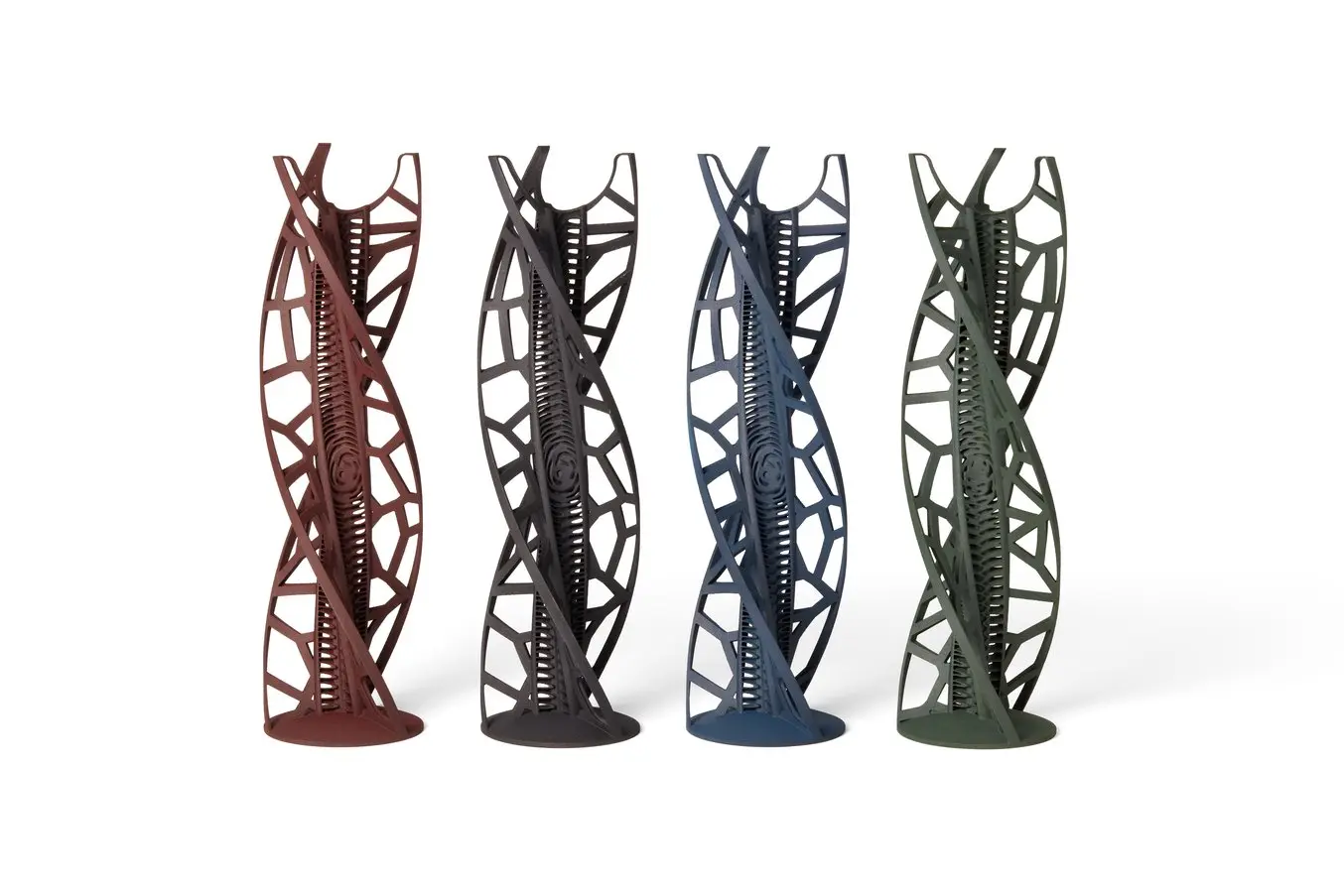 Dyed SLS nylon lattice towers in oxblood, black, navy, and forest